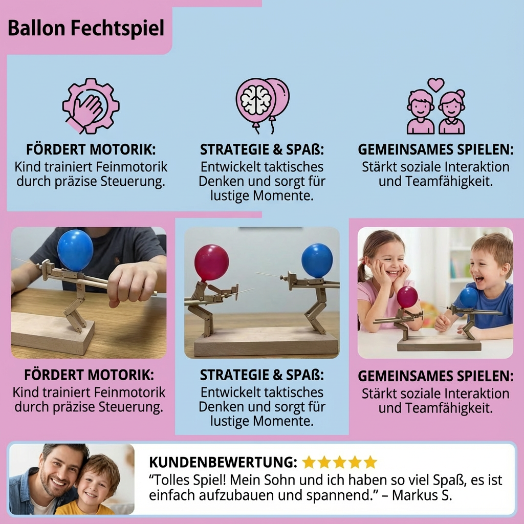Holzspielzeug: Ballon Schwertkampf-Set. Unisex Familienspiel für Geschicklichkeitstraining, Spaß & Partys.