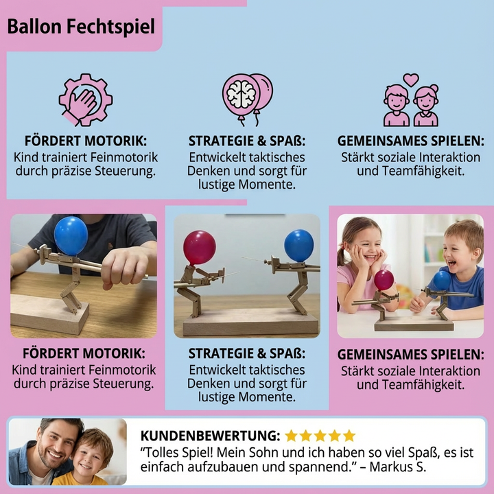 Holzspielzeug: Ballon Schwertkampf-Set. Unisex Familienspiel für Geschicklichkeitstraining, Spaß & Partys.