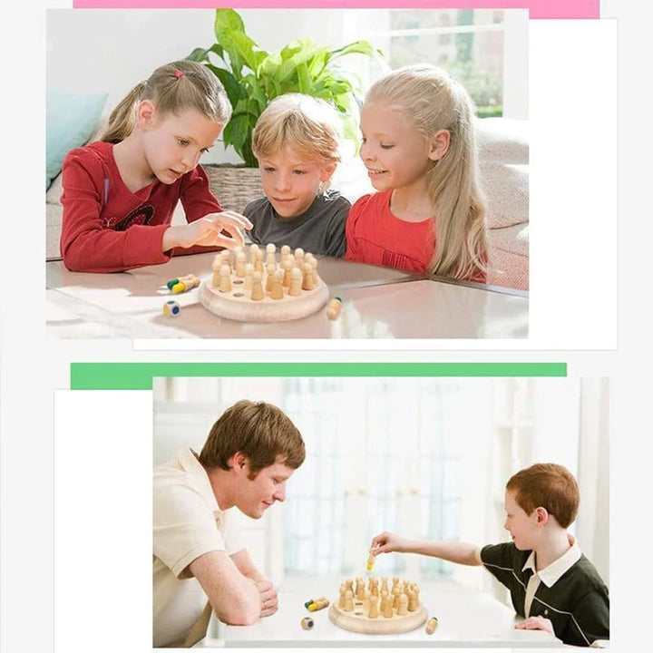 Nahaufnahme der bunten Holzsteine des "FarbGreif" Farbenmemorys, pädagogisches Kinderspiel zur Gedächtnisförderung.