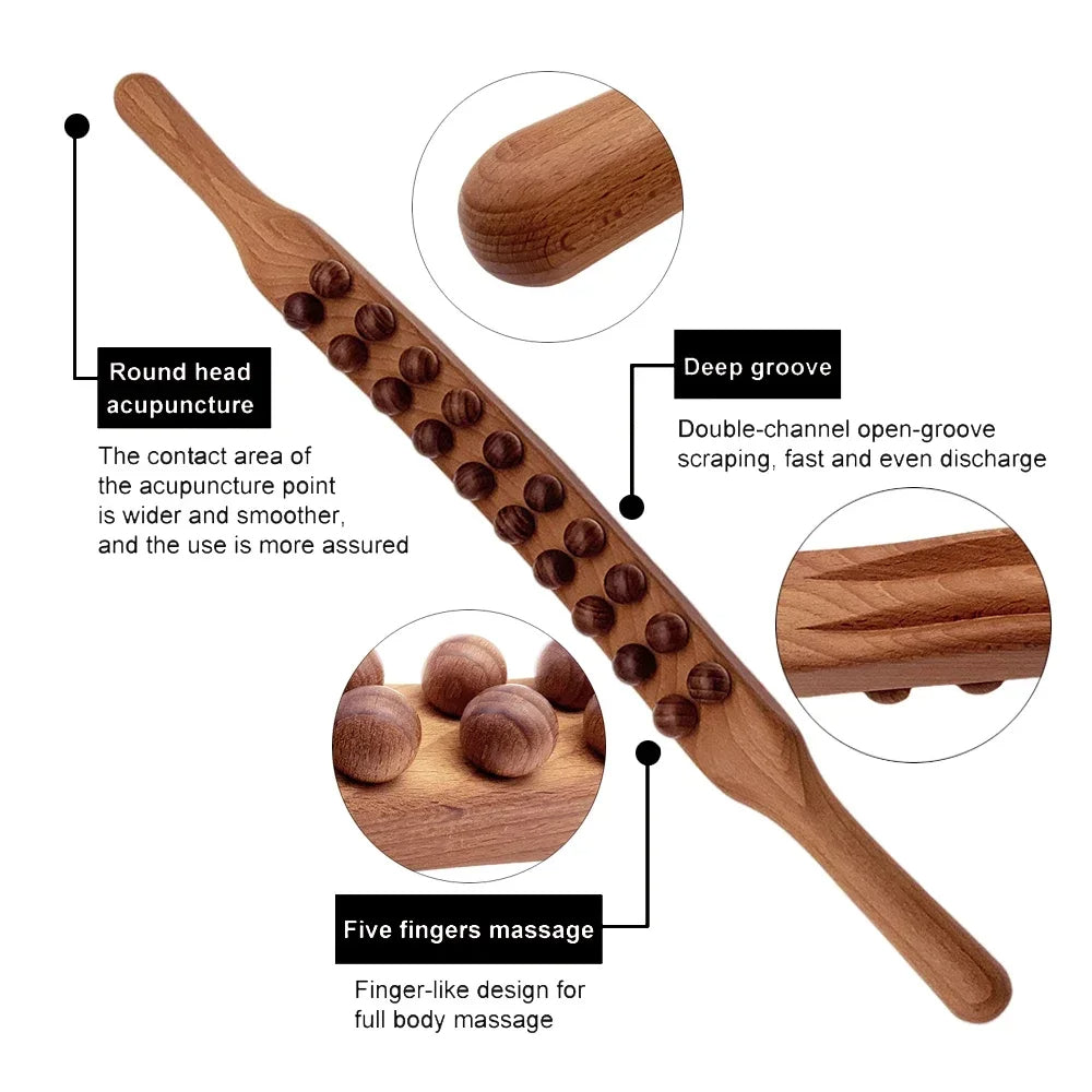Glatt polierter Gua Sha Therapiestab aus Naturholz für sanfte Haut- und Muskelmassage am ganzen Körper.