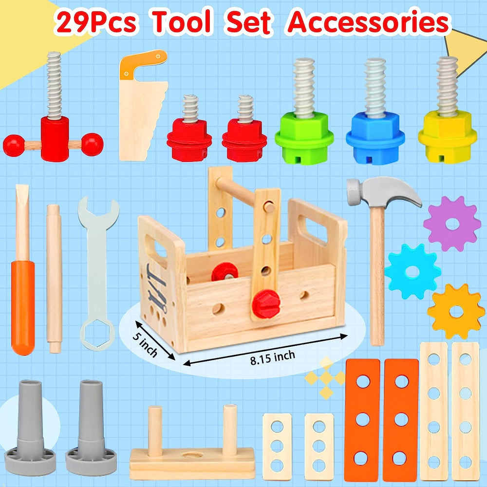 Nachhaltiges Holzspielzeug: Pädagogische Werkzeugkiste für Kleinkinder, ideal zum Bauen & Lernen.