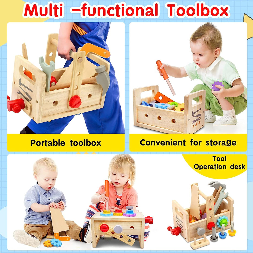 Detailansicht der Holz-Werkzeugkiste für Kinder, gefüllt mit Hammer, Schraubenschlüssel & Schrauben für kreatives Spiel.