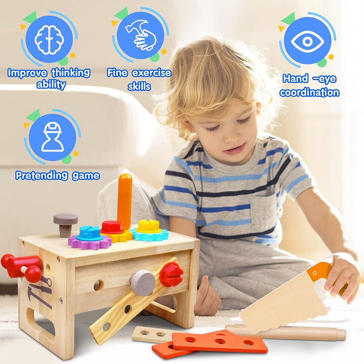 Geschenkidee für Kleinkinder: Robuste Holz-Werkzeugkiste, fördert spielerisch Feinmotorik & Baufähigkeiten.