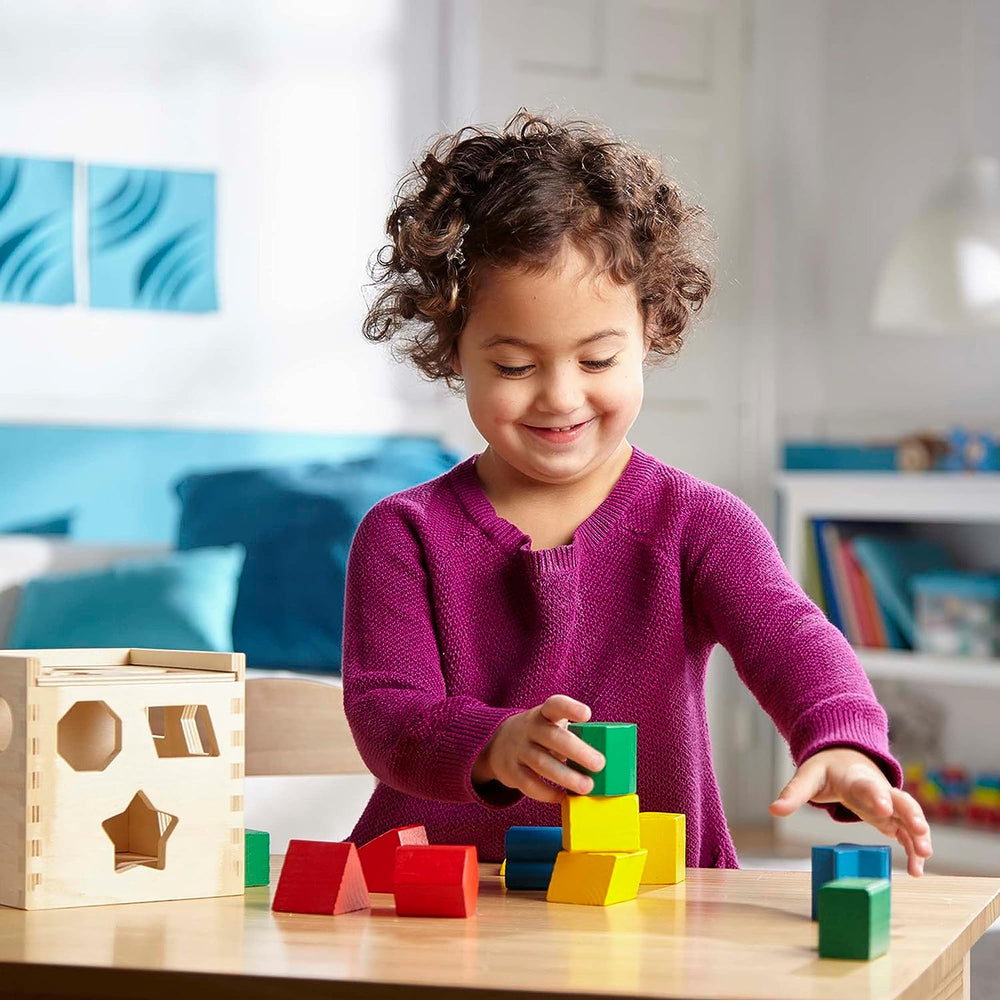 Pädagogisches Holzspielzeug: Montessori Formenwürfel für Kleinkinder, Farben- und Formen-Lernen.
