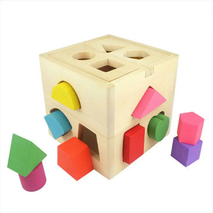 Robuster Holz Montessori Würfel mit verschiedenen Formen, pädagogisches Spielzeug für Kinder.