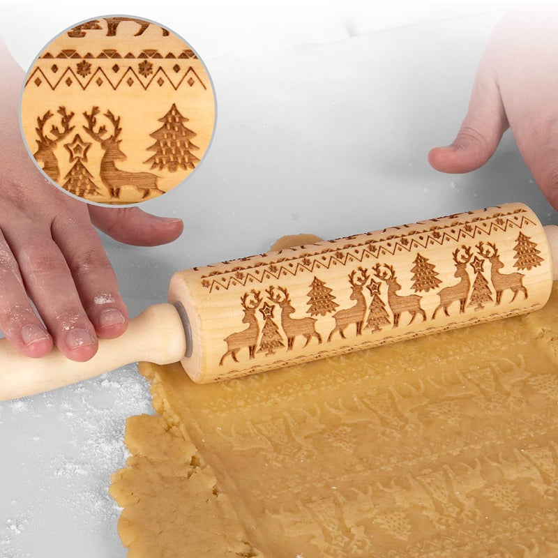 Originelle Holz-Teigrolle, ein tolles Geschenk für Backfans. Perfekt für festliches Weihnachtsgebäck.
