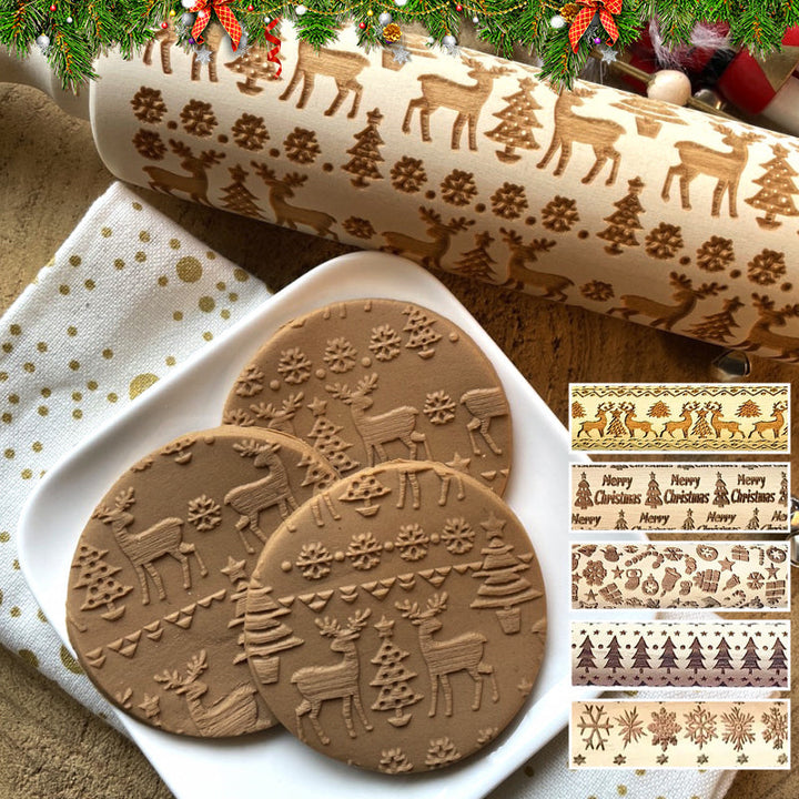 Kreative Holz-Prägerolle zum Selbermachen von beeindruckenden Weihnachtskeksen und Gebäck.
