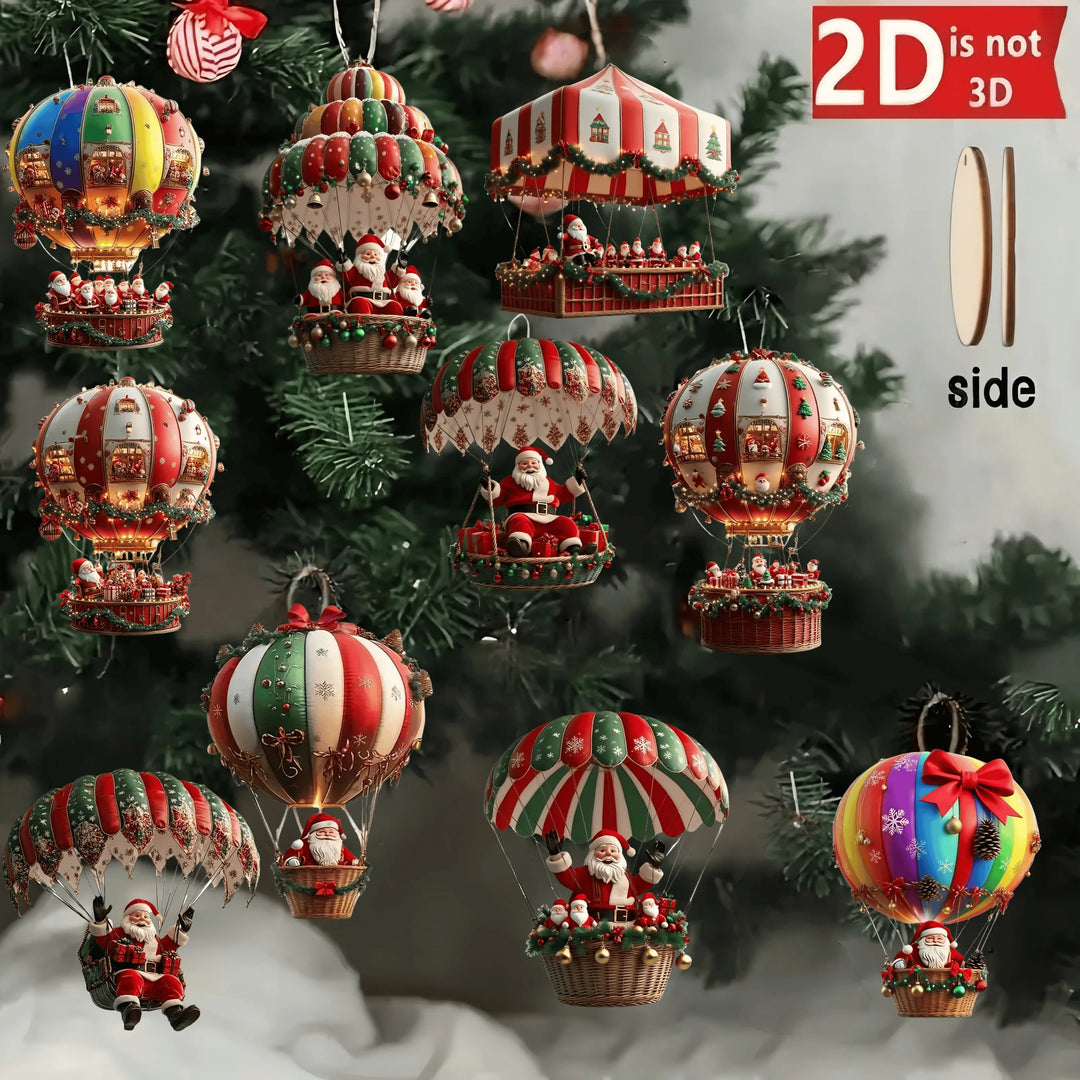 Holz-Weihnachtsanhänger: 10er-Set Heißluftballon & Weihnachtsmann. Festlicher Baumschmuck für Ihre Weihnachtsdeko.