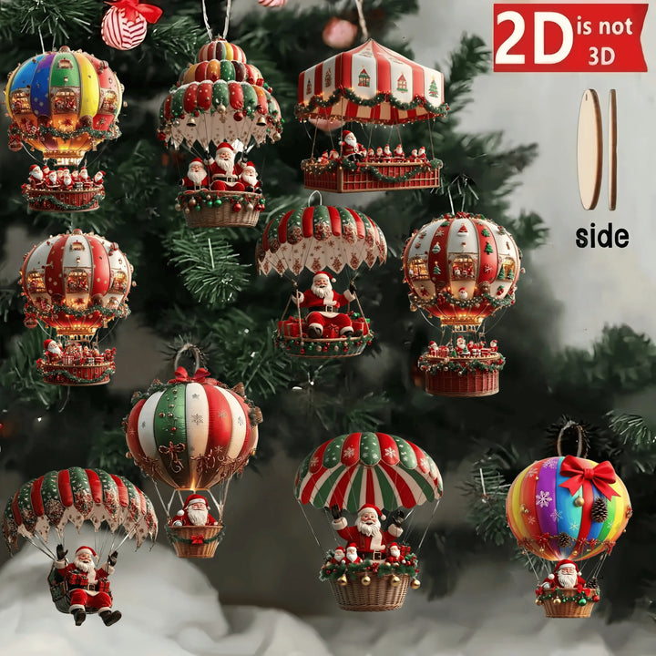 Holz-Weihnachtsanhänger: 10er-Set Heißluftballon & Weihnachtsmann. Festlicher Baumschmuck für Ihre Weihnachtsdeko.