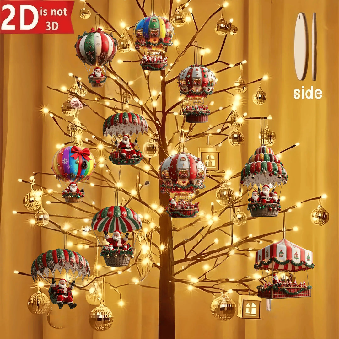Süße Weihnachtsdeko: 10er-Set Holzanhänger mit Weihnachtsmann im Heißluftballon. Perfekte Geschenkidee zur Adventszeit.