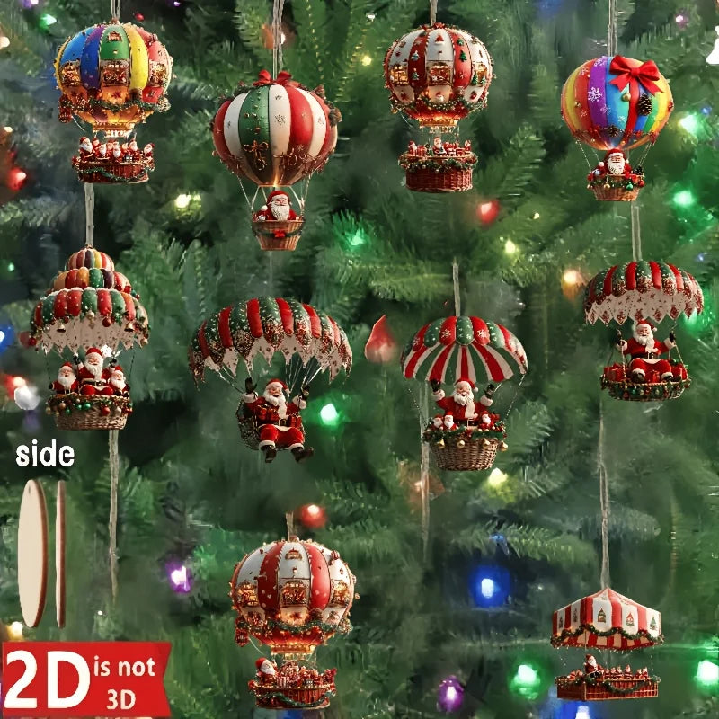 Festliches 10er-Set Holzornamente: Heißluftballon mit Weihnachtsmann als einzigartiger Christbaumschmuck.