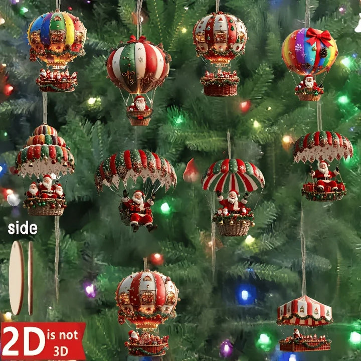 Festliches 10er-Set Holzornamente: Heißluftballon mit Weihnachtsmann als einzigartiger Christbaumschmuck.