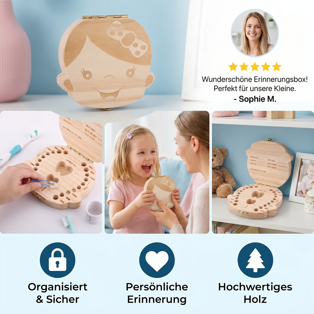 Personalisierte Zahnbox aus Holz für Kinder. Sichere Milchzahn Aufbewahrung & bleibende Erinnerung.