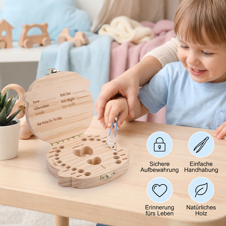 Praktische Milchzahn Aufbewahrungsbox aus Holz fürs Kinderzimmer. Eine süße Zahnerinnerung.