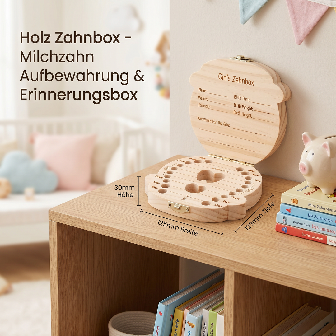 Robuste Holz Zahnbox für Kinder. Ideale Milchzahn Aufbewahrung & Erinnerungsbox für Babymomente.