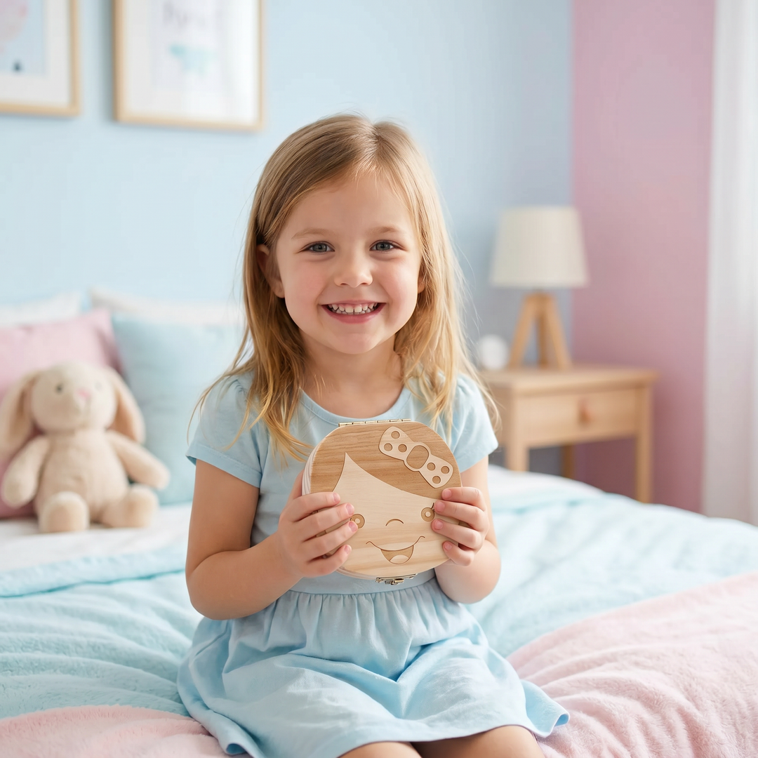 Besondere Holz Milchzahnbox für Kinder. Hält wertvolle Babymomente als Erinnerung fest.