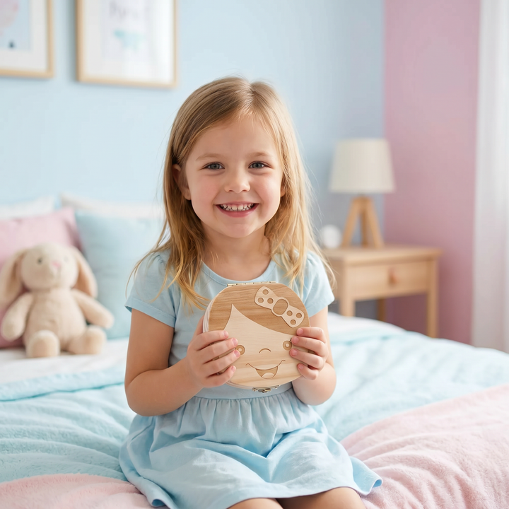 Besondere Holz Milchzahnbox für Kinder. Hält wertvolle Babymomente als Erinnerung fest.