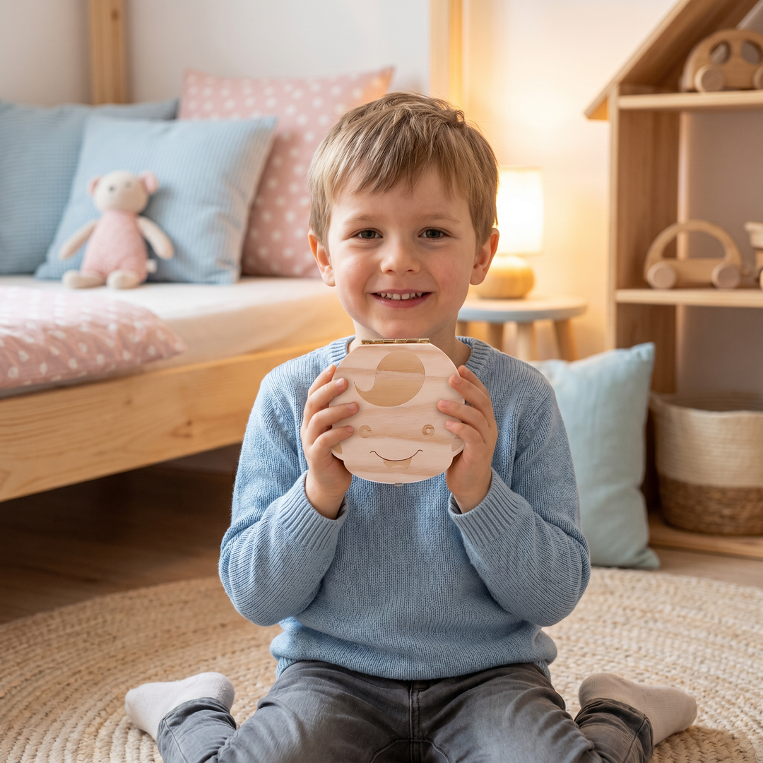 Einzigartige Kindergeschenk-Idee: Holz Zahnbox zur sicheren Aufbewahrung der ersten Milchzähne.