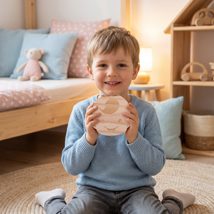 Einzigartige Kindergeschenk-Idee: Holz Zahnbox zur sicheren Aufbewahrung der ersten Milchzähne.