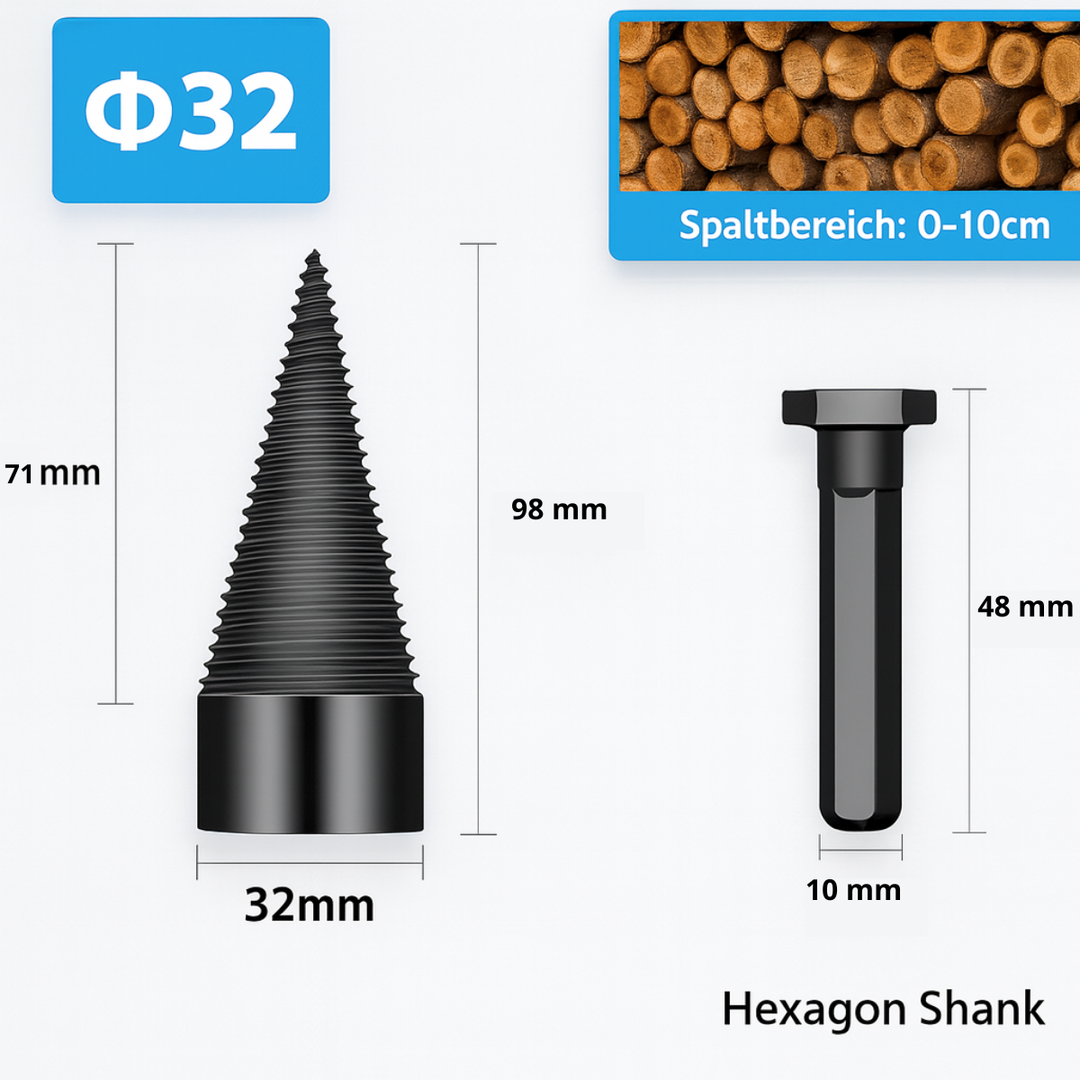 Robustes Holzspaltwerkzeug aus Kohlenstoffstahl für Bohrmaschine, ideal zum Spalten von Kaminholz.