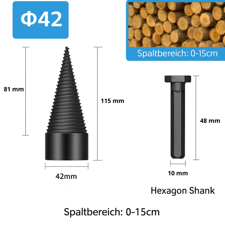 Zeitsparender Holzspaltkegel für Heimwerker, verwandelt Bohrmaschine in leistungsstarken Holzspalter.