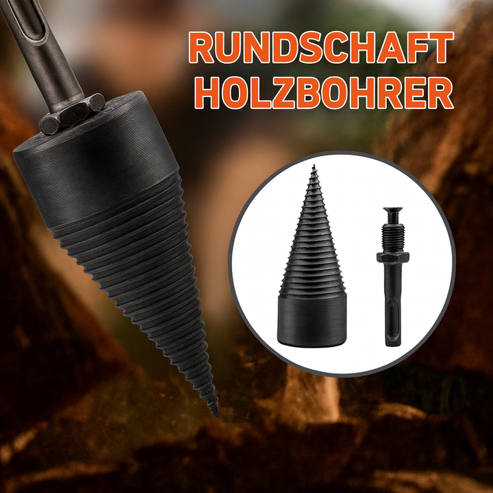 Bohrmaschinenaufsatz: Robuster Holzspaltkegel zum mühelosen Aufbereiten von Brennholz.