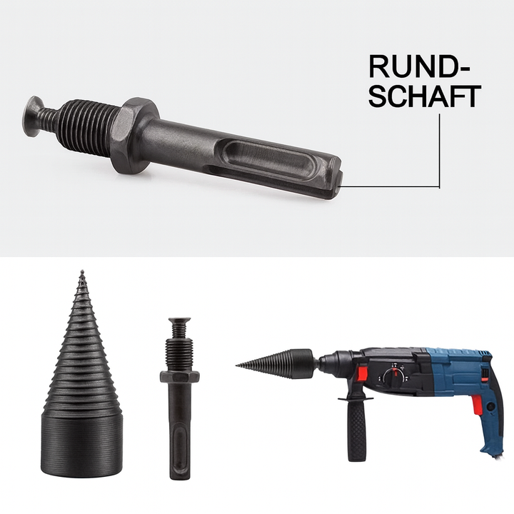 Konischer Spaltkegel als Bohrmaschinenaufsatz, entworfen für schnelles und sicheres Holzspalten.