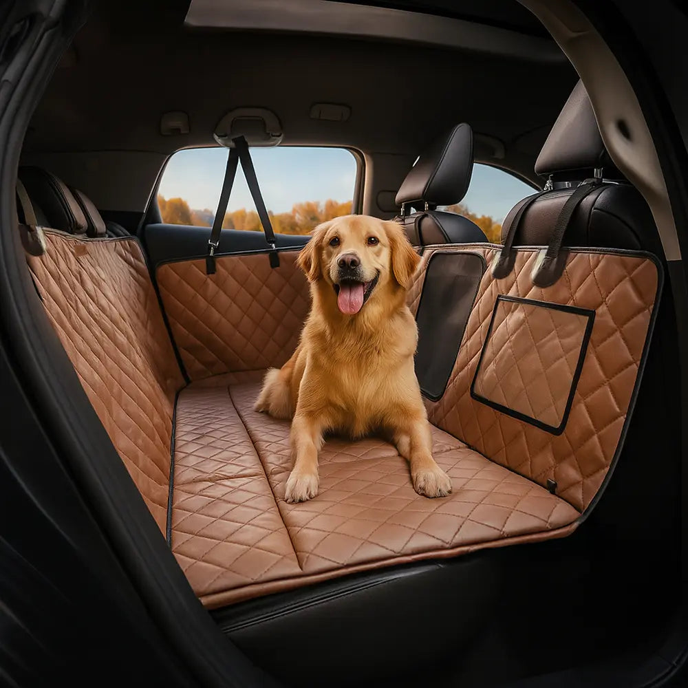 Hund Autositzdecke Premium Kunstleder, wasserabweisend. Optimaler Rücksitzschutz & Haustierdecke.