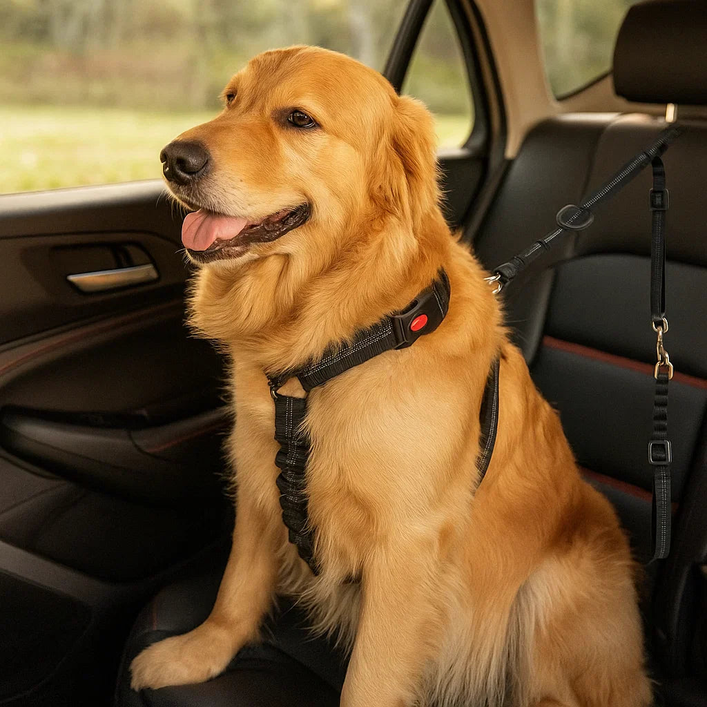 Hund im Auto mit verstellbarem Sicherheitsgurt, sicher und komfortabel auf jeder Autofahrt.