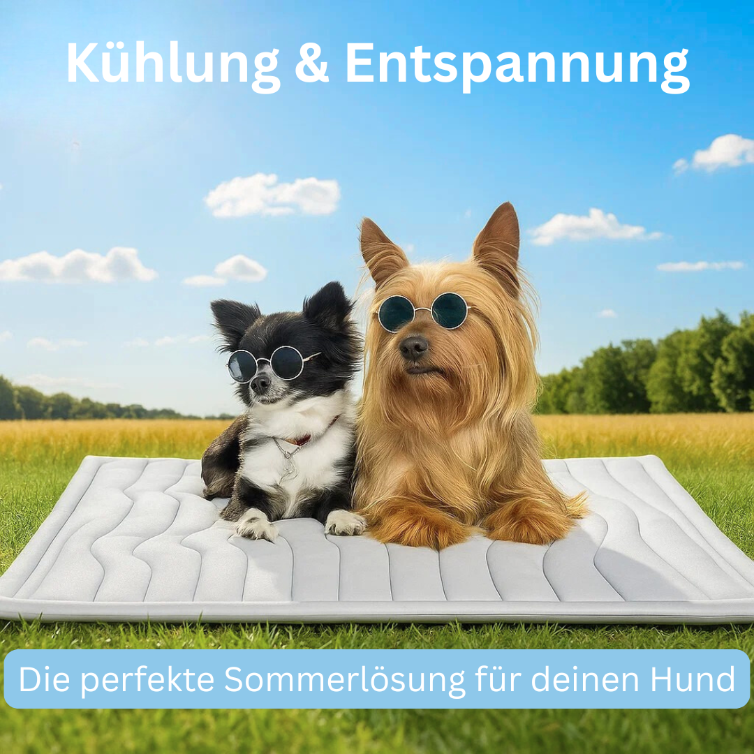 Vierbeiner entspannt auf der CoolBalance Hunde Kühlmatte, die für wohltuende Abkühlung sorgt.