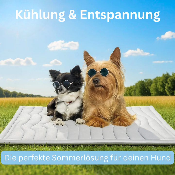 Vierbeiner entspannt auf der CoolBalance Hunde Kühlmatte, die für wohltuende Abkühlung sorgt.