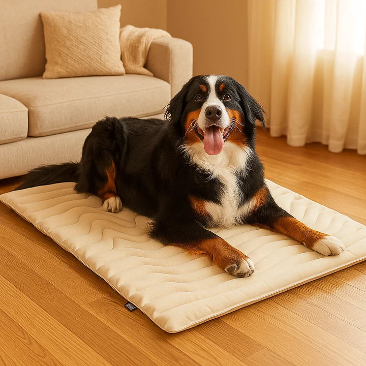 Glücklicher Hund auf CoolBalance Kühlmatte im Garten, genießt die Kühle im Sommer.