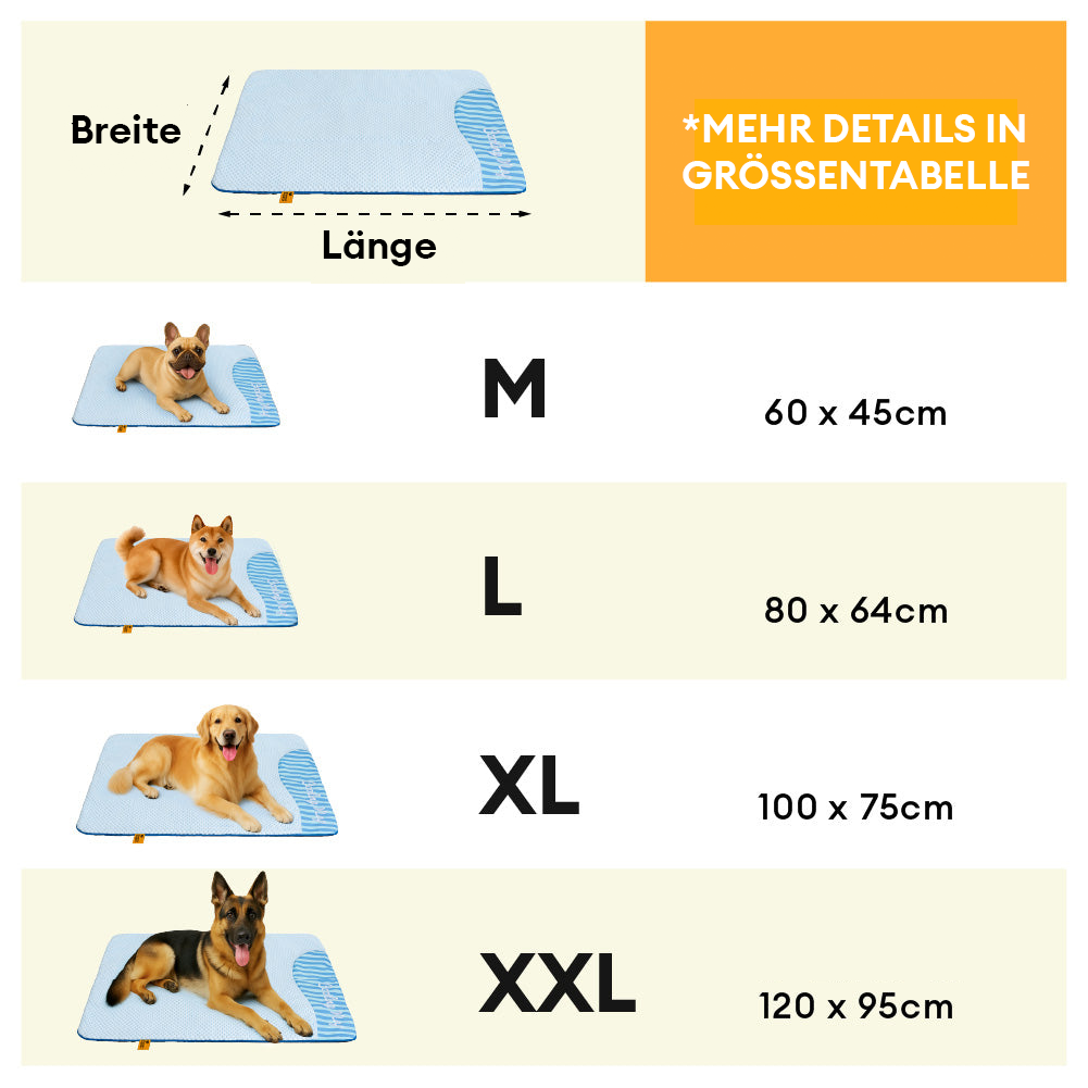 Hund liegt auf bequemer, kühlender Haustiermatte, waschbar & rutschfest für Erfrischung.