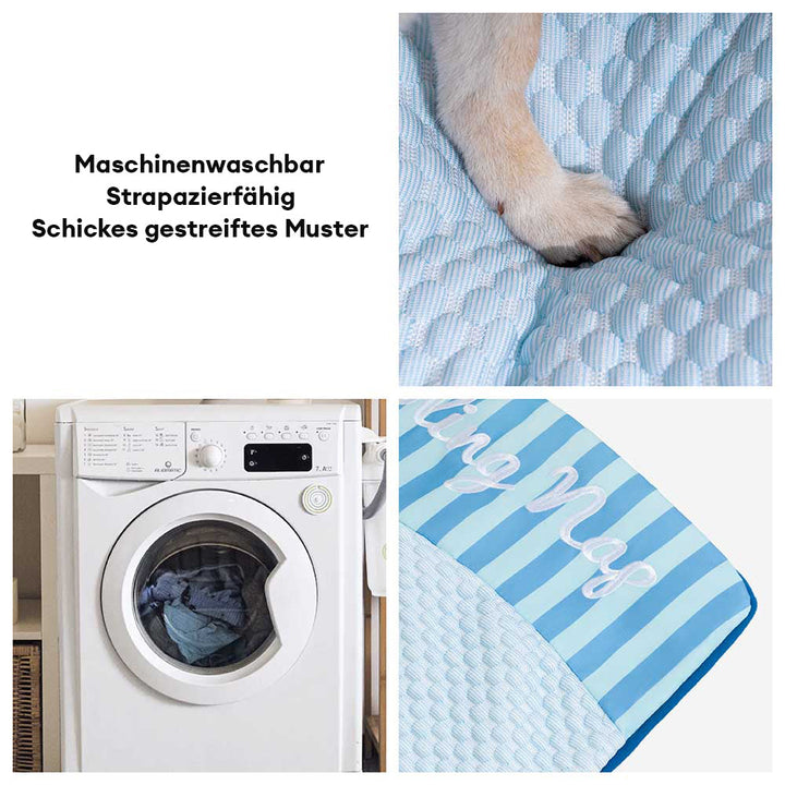 Rutschfeste Kühlmatte für Hunde, waschbar und atmungsaktiv, ideal für warme Sommertage.