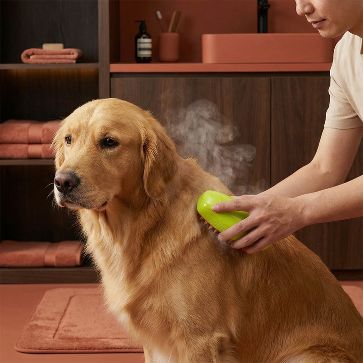 Hunde Dampfbürste zur sanften Fellpflege, entfernt lose Haare und reinigt das Fell effektiv.