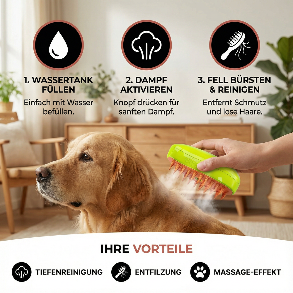 Kabellose Dampfbürste für Hunde, ideal für empfindliche Tiere, die Fellpflege sanft genießen.