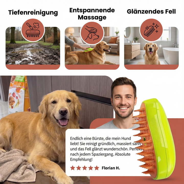 Effektive Hundebürste mit Dampf, löst Verfilzungen und reinigt das Fell tiefenwirksam für glänzende Ergebnisse.