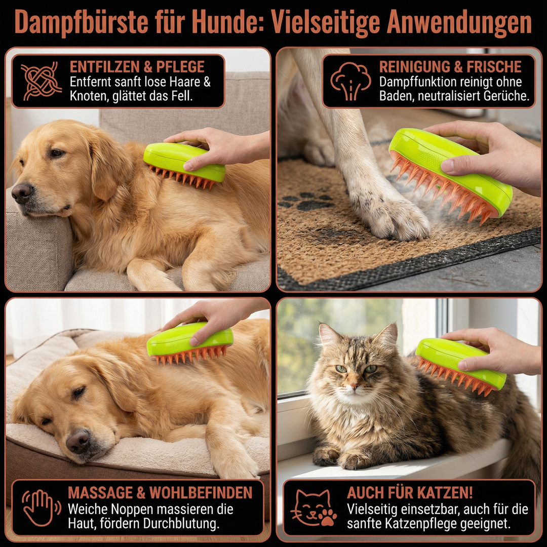 Tierpflege mit Dampf: Komfortable Bürste für Hunde, die Bürsten stressfrei und angenehm macht.