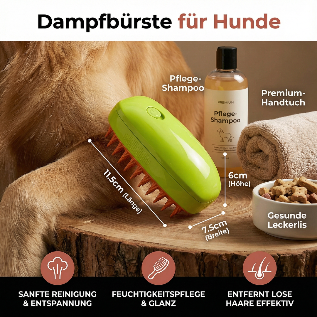 Moderne Hunde Dampfbürste, kabellos für maximale Bewegungsfreiheit bei der täglichen Fellreinigung.