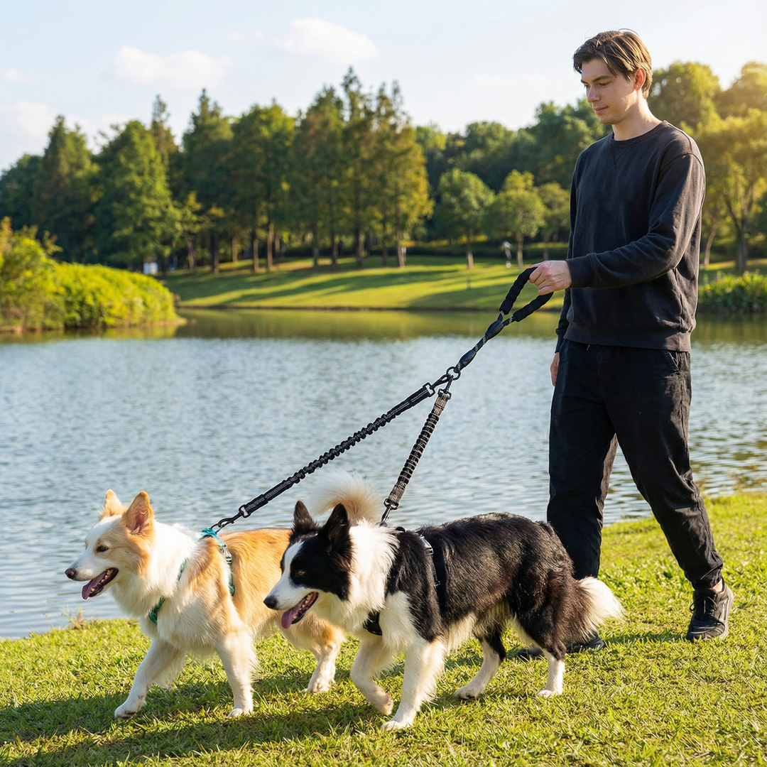 Hunde Doppelleine 2-in-1: Verhedderungsfrei & stoßdämpfend für zwei Hunde beim Gassi gehen.