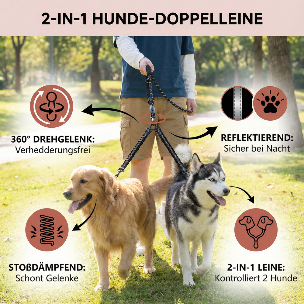Robuste Doppelleine mit drehbarem Karabiner verhindert Verheddern. Ideal für den täglichen Spaziergang.