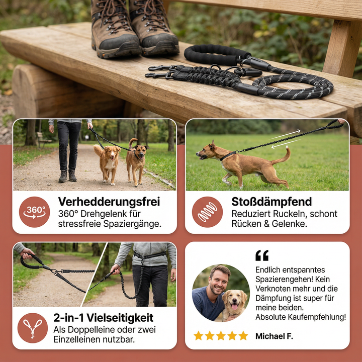 Stoßdämpfende Hundeleine aus Nylon, 2-in-1, für komfortables Gassi gehen mit zwei Haustieren.