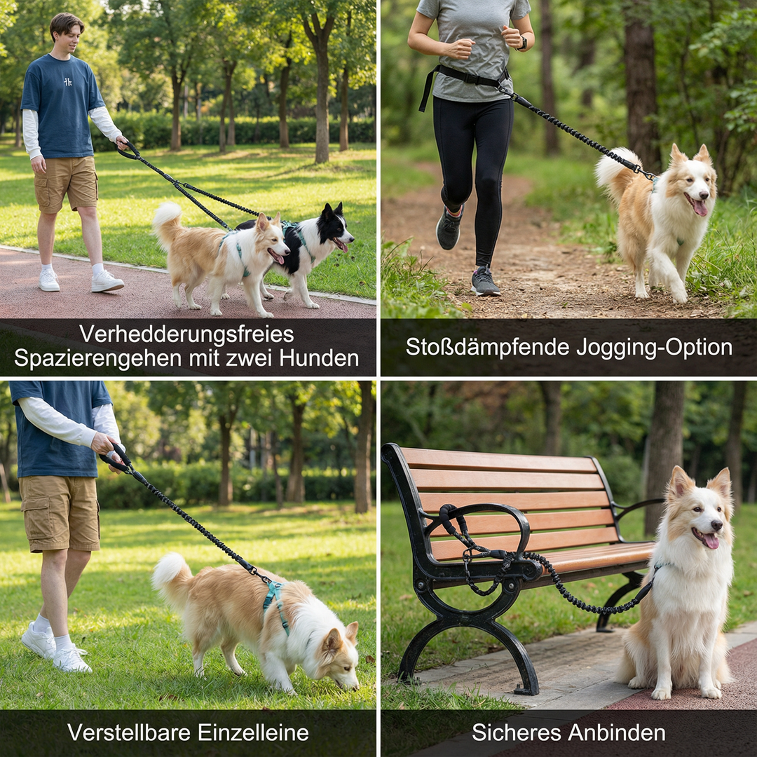 Praktische Doppelleine für Hunde, verhedderungsfrei dank 360°-Drehkupplung. Mehr Kontrolle beim Gehen.
