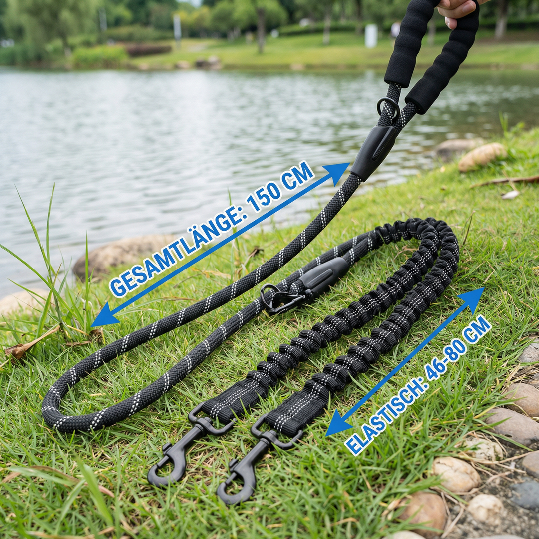 Nahaufnahme der stoßdämpfenden Funktion einer Doppelleine. Komfort für Hund und Halter.