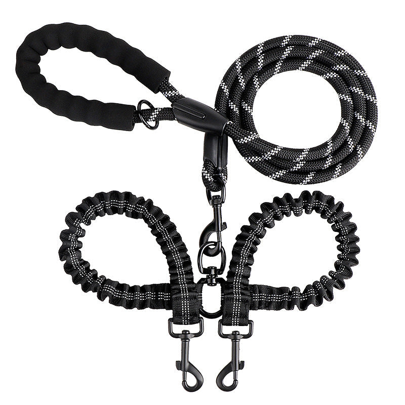 Detailansicht des robusten Karabiners und der reißfesten Nylon-Doppelleine für Haustiere.