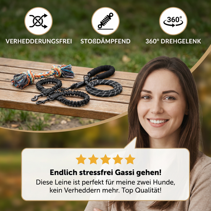 Verhedderungsfreie Nylon-Doppelleine für Hunde mit Drehgelenk. Komfortables Gassigehen mit zwei Hunden.
