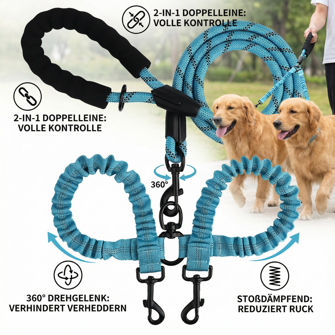 Stoßdämpfende Doppelleine für Hunde. Hoher Komfort und Sicherheit beim Gassigehen mit zwei Hunden.