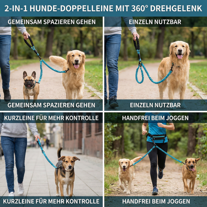 Robuste Nylon-Doppelleine mit 360° Drehgelenk. Ideales Hundezubehör für sichere Spaziergänge.