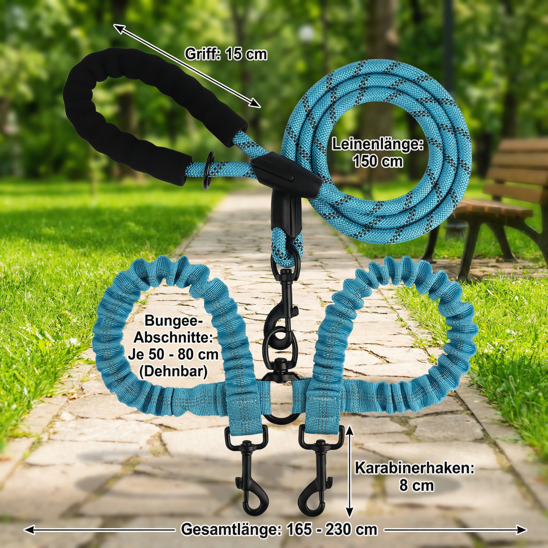 Komfortable Doppelleine für Spaziergänge mit zwei Hunden. Verhedderungsfrei durch innovatives Drehgelenk.