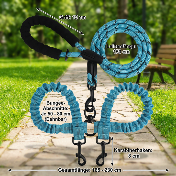 Komfortable Doppelleine für Spaziergänge mit zwei Hunden. Verhedderungsfrei durch innovatives Drehgelenk.